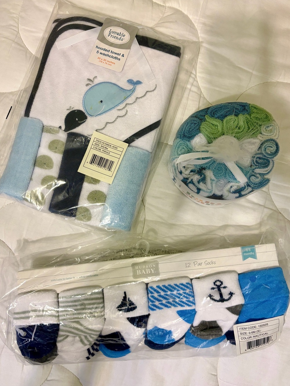 Blue Nautical Baby Socks, Hooded Towel & washcloths baby bundle-NWT! 🐳⚓️